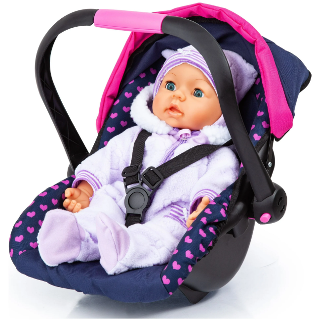 Bayer Design Dolls: Deluxe Car Seat: Hearts Black & Pink - Pretend Play Accessory For Dolls/Plushes Up To 18", Ages 3+